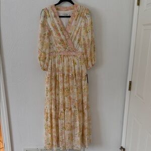 Taylor NWT Floral Print Long Sleeve Maxi Dress in Cream and Pink.  Size 8.